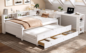 English Elm Twin Daybed Pine Frame with Trundle Desk Hutch Shelves and Storage for Kids Rooms White W1580S00458