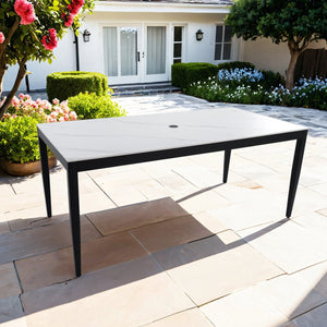 English Elm Outdoor Modern Patio Dining Table 35.5"x71" with Sintered Stone Top, Tapered Legs, Weatherproof Elegance Ember Black Frame,Greek White Marble-Inspired Sintered Stone W1886P272393