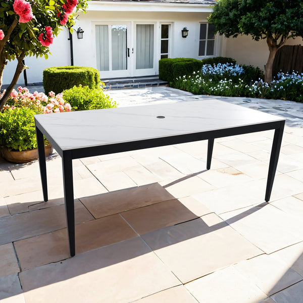 English Elm Outdoor Modern Patio Dining Table 35.5"x71" with Sintered Stone Top, Tapered Legs, Weatherproof Elegance Ember Black Frame,Greek White Marble-Inspired Sintered Stone W1886P272393