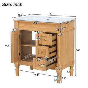 English Elm 30-inch Freestanding Bathroom Vanity Solid Wood Base Ceramic Sink Gold Hardware N729P299368N