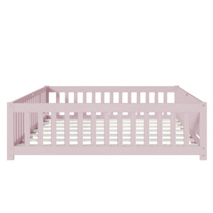 English Elm Queen Rubber Wood Floor Bed with Full Perimeter Safety Fence and Hinged Access Door Pink W504P429344