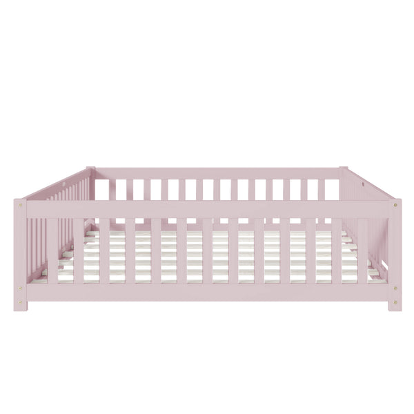 English Elm Queen Rubber Wood Floor Bed with Full Perimeter Safety Fence and Hinged Access Door Pink W504P429344