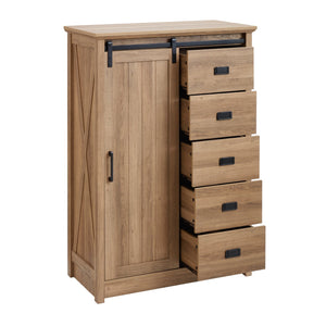 English Elm 5 Drawer Dresser with Sliding Barn Door — Farmhouse Modern MDF Chest with Metal Handle, Adjustable Shelves, Spacious Top Oak W2275P206614