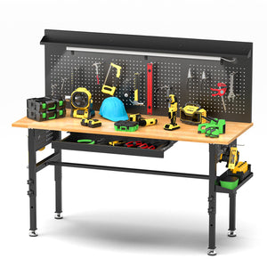 English Elm 60″ 60" Heavy Duty Garage Workbench Solid Wood Top Steel Frame with Led Light and Power Strip W3190P401362