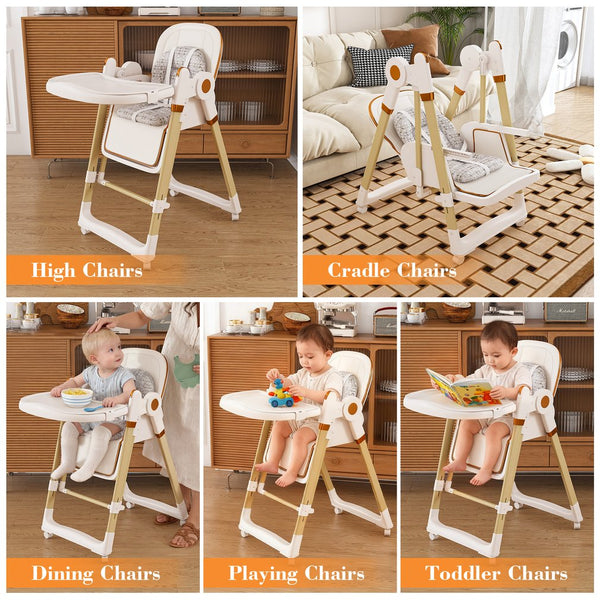 English Elm Convertible Baby High Chair to Rocker with 5-Point Harness, Foldable Feeding Seat, Quiet Wheels, Easy-Clean Tray and Adjustable Recline for Infants and Toddlers White W2699P371974
