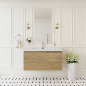 English Elm 42'' Floating Bathroom Vanity Smoked Walnut Fluted Drawer Matte Black Quartz Basin W1920P385487