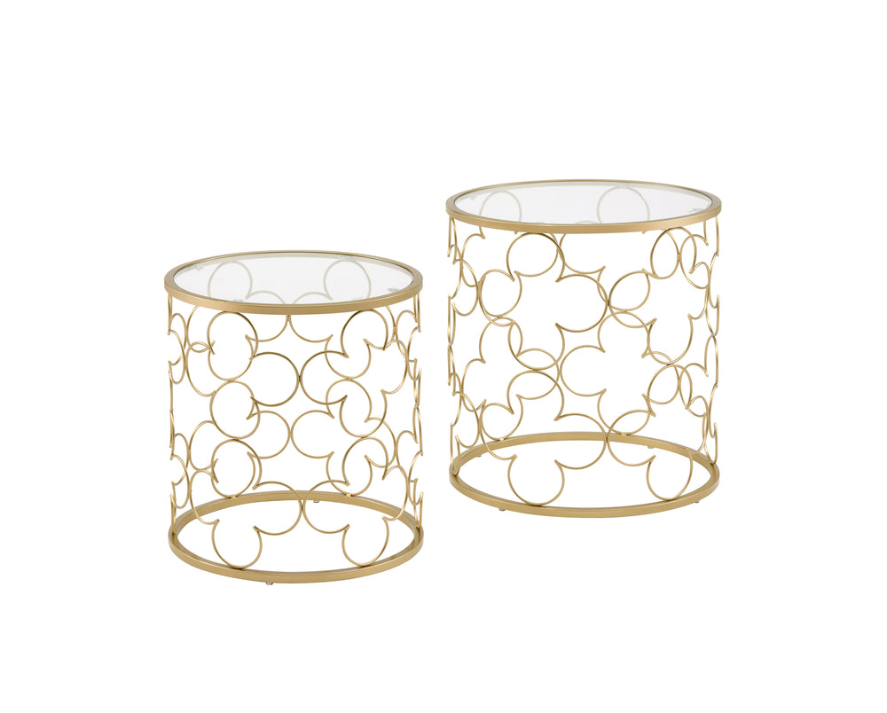 English Elm Flowie Gold Finish Nesting Tables with Clear 5mm Tempered Glass Top, Drum Metal Frame Chic Decor B2726P244958