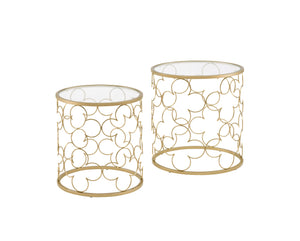 English Elm Flowie Gold Finish Nesting Tables with Clear 5mm Tempered Glass Top, Drum Metal Frame Chic Decor B2726P244958