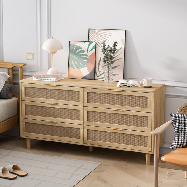 English Elm 59.06"6-Drawers Rattan Storage Cabinet with Smooth White Slides, Durable Woven Design for Home Use Natural W757P162758