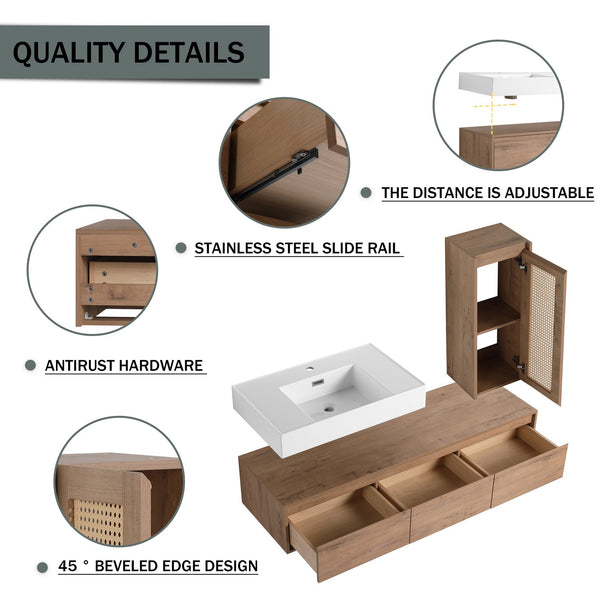 English Elm 60 Inch Wall-Mounted Bathroom Vanity Set With Resin Sink, Soft-Close Drawers & Side Cabinet Storage W999S00357