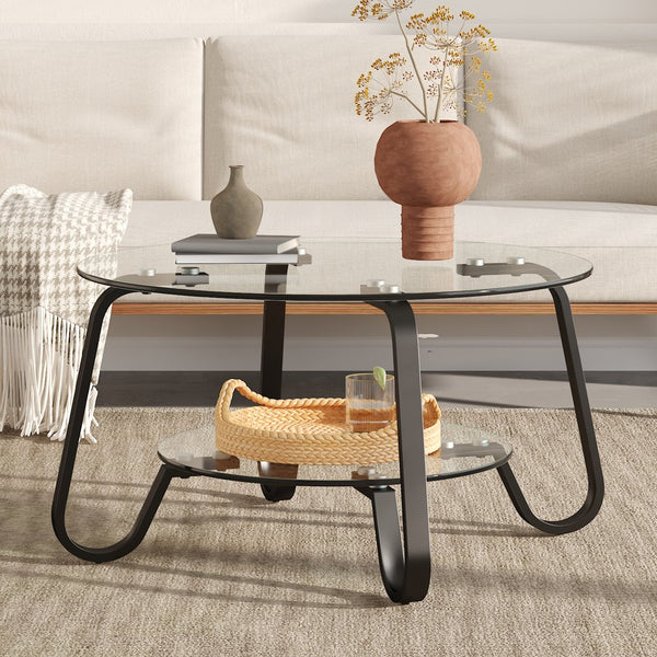 English Elm New Retro Minimalist Square Coffee Table Metal Frame Dual Tempered Glass Tiers W3226P295268