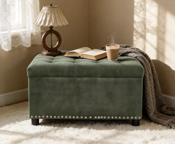 English Elm Storage Ottoman Tufted Nailhead Trim Lift Top Footstool for Living Room or Bedroom Green W5568P447090