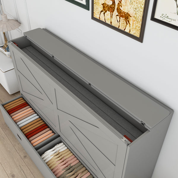 English Elm 57 Inch Murphy Bed Cabinet with Storage Drawers Charging Station and Rolling Casters Gray W509S00156