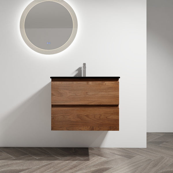 English Elm 30" Wall-Mounted Bathroom Vanity With Black Ceramic Sink & Soft-Close Drawers For Modern Spaces W999S00195