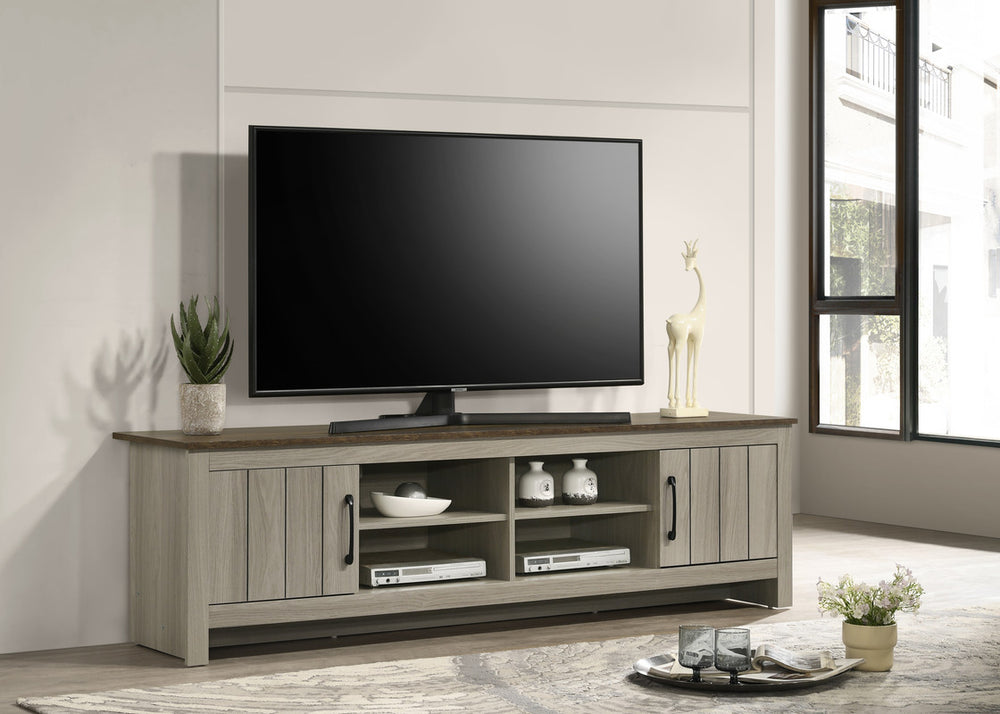 English Elm Tropea 58 Inch Open Shelf Media Console with Oak Finish and Cord Management B2749P413255