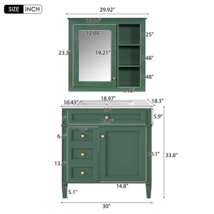 English Elm 30'' Modern Bathroom Vanity with Integrated Mirror Cabinet, Ceramic Sink, 3 Drawers & Ample Storage Green SW000126AAF-1
