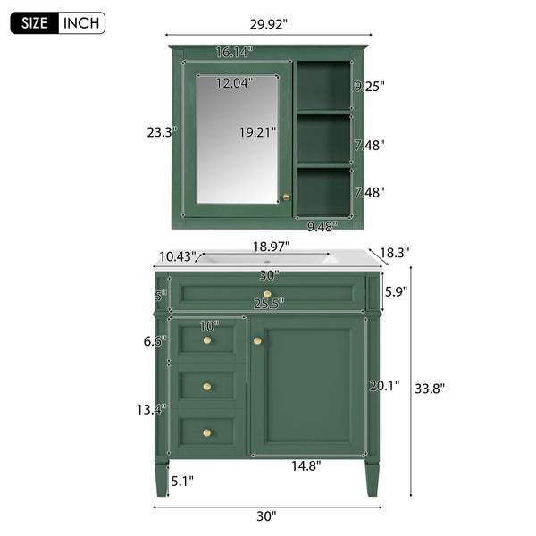 English Elm 30'' Modern Bathroom Vanity with Integrated Mirror Cabinet, Ceramic Sink, 3 Drawers & Ample Storage Green SW000126AAF-1