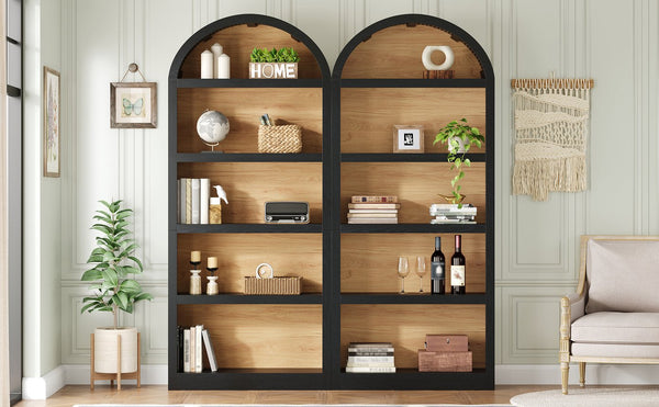 English Elm On-trend Farmhouse Two-tone Bookcase Set Arched Fabric Crown Open 5-tier Shelving Black+Natural N721P411205B