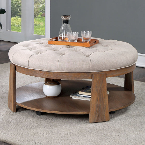 English Elm Transitional Round Coffee Table with Wire-Brushed Frame, Button-Tufted Padded Seat and Open Shelf, Rustic Finish Beige,Natural 44 L x 44 W x 9 H B2741P360141