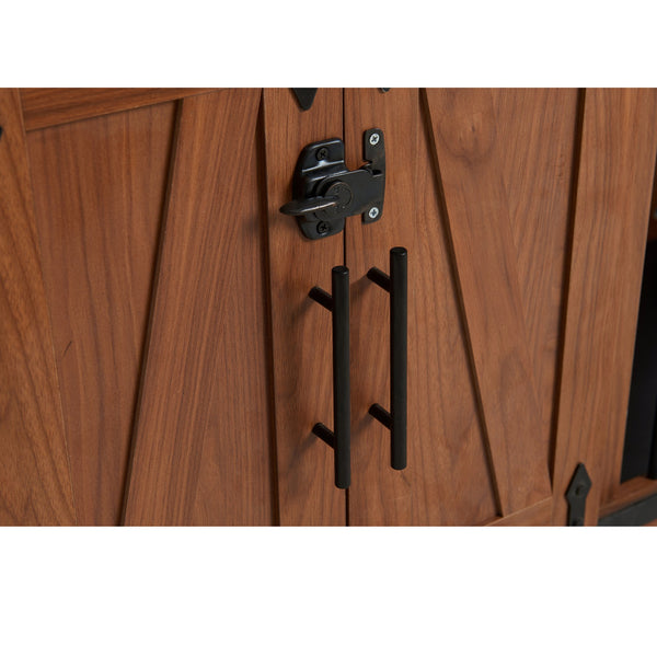 English Elm 56"L, 56"L Mid-Century Walnut Dog Crate Bench Ottoman with Sliding Barn Door, Padded Removable Cushion, Wheels, 300lb耐 N843P293660W