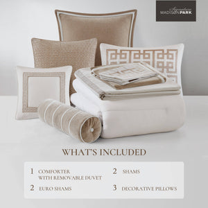 English Elm 9-piece King Bedding Set Velvet Slub Fabric Embroidered Comforter with Euro Shams Tan+Ivory B035P482956