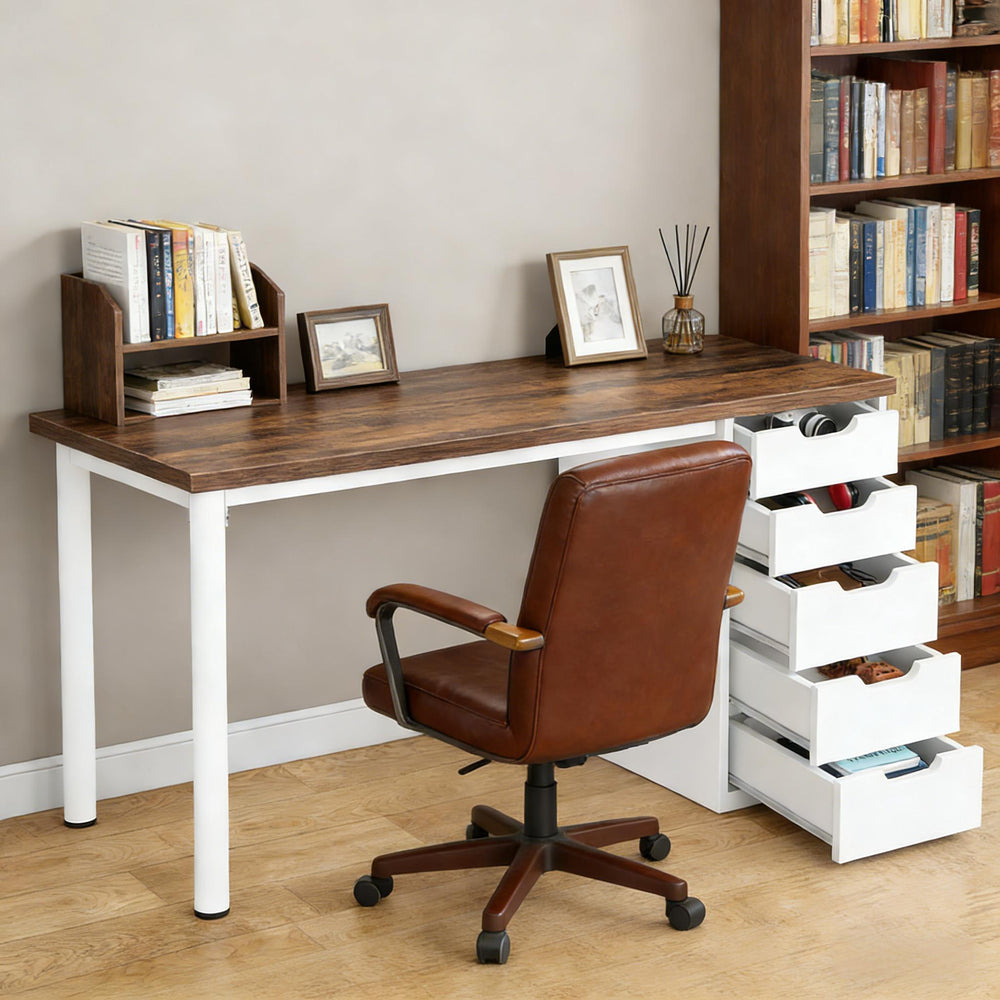 English Elm Classic Five Drawer Writing Desk with Round Metal Legs and White Engineered Wood Top T3971P453625