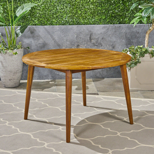 English Elm 47.25" Solid Acacia Round Outdoor Dining Table Slatted Teak Finish Seats Four N770P396250T