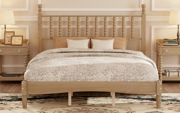 English Elm Queen Wood Platform Bed with Gourd-Shaped Headboard, Retro-Inspired Solid Frame, Slat Support, Sturdy Elegance Natural 64.8 L x 17.5 W x 9.5 H N733P206242M