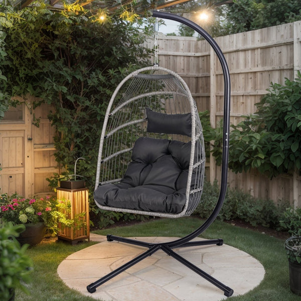 English Elm Foldable Hanging Egg Chair with Stand Pillow, HDPE Wicker, Rust‑Resistant Frame, Cushioned Headrest, 350lb Capacity Gray W2500P369668