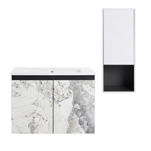 English Elm 24" Wall-Mounted Bathroom Vanity Set With Soft Close Doors, Ceramic Sink, And Side Cabinet Storage W999S00330