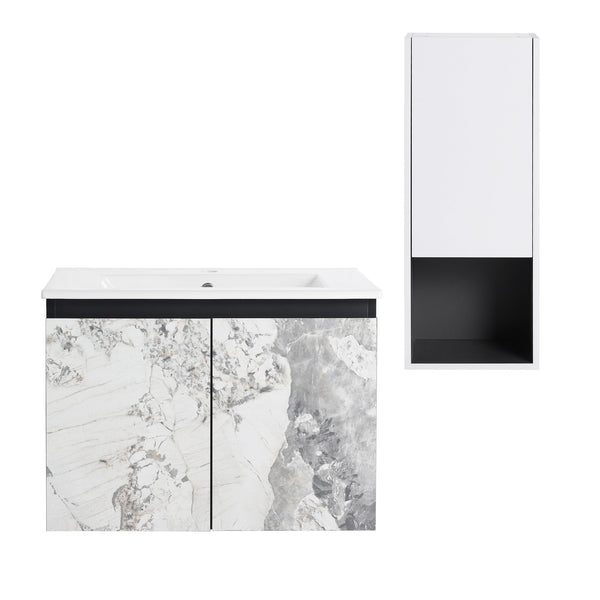 English Elm 24" Wall-Mounted Bathroom Vanity Set With Soft Close Doors, Ceramic Sink, And Side Cabinet Storage W999S00330