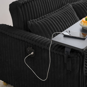English Elm The pull-out and push-in corduroy sofa with convertible bed, movable tabletop and built-in USB ports Black W3371P316046