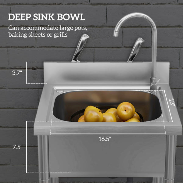 English Elm HOMCOM Stainless Steel Outdoor Utility Sink with Deep Basin, Hot/Cold Faucet & Lower Shelf, 22" W2225P217249