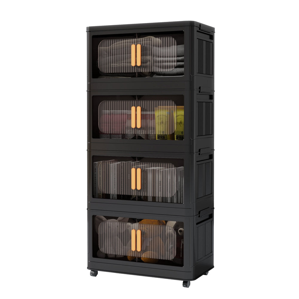 English Elm Black,20" Versatile Folding Storage Cabinet With 4 Tiers, Magnetic Door, Wheels & Space-Saving Design W2873P239384