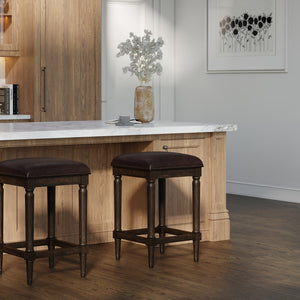 English Elm 27"h Square Faux Leather Counter Stool Solid Wood Carved Legs Distressed Walnut Finish B2751P436462