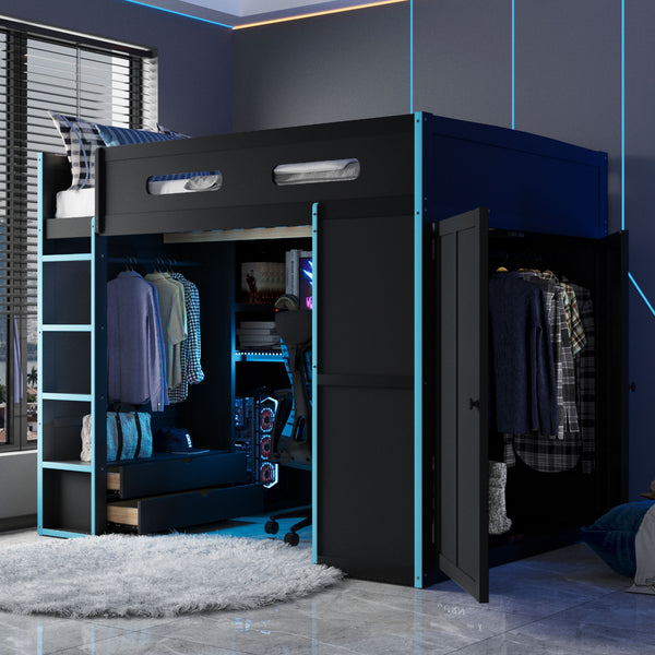 English Elm Full Size Gaming Loft Bed with Rgb Lighting Desk Wardrobe and Built-in Storage Blue LT100261AAC