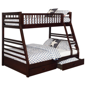 English Elm Newhall Twin Over Full Bunk Bed with Two Rolling Storage Drawers, Solid Wood Frame for Guests and Kids Cappuccino B062S01294