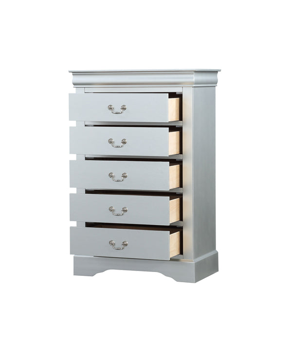 English Elm Platinum Five-Drawer Chest with Sleek Metal Handles, Spacious Storage, Modern Luxury Finish B062P209039