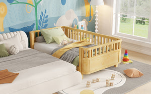 English Elm Twin Solid Pine Platform Bed with Guardrail for Kids, Low-Profile Twin Frame Durable 250LB Capacity W2593P367051
