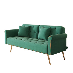 English Elm A Velvet 69.7" Sofa Bed with Gold Legs, Nailhead Trim, 2-Seater Convertible Sofa with Pillow Green W3356P298451