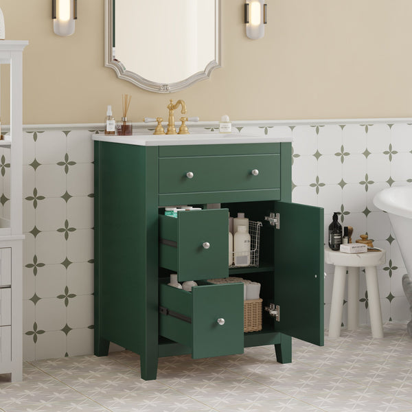 English Elm 24" Modern Bathroom Vanity with Ceramic Basin, French Country Cross-Grid Design & Soft-Close Drawers Green N710P280655F