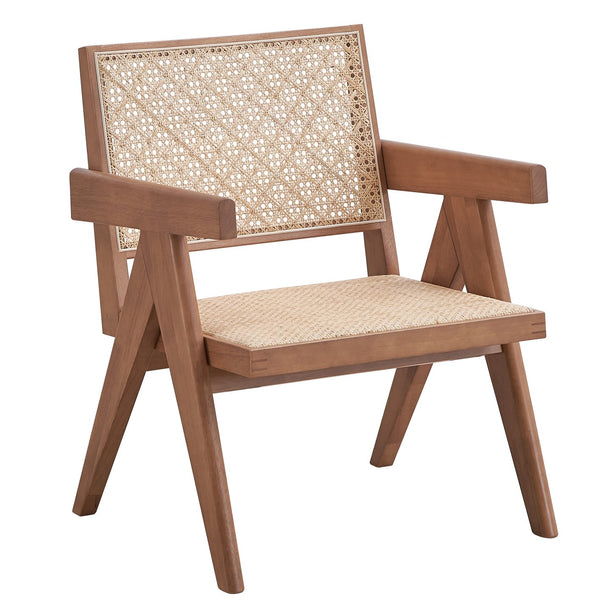English Elm Beige Rattan Accent Chair with Natural Wood Legs — Breathable Seat, Rustic Earthy Style for Home B062P209169
