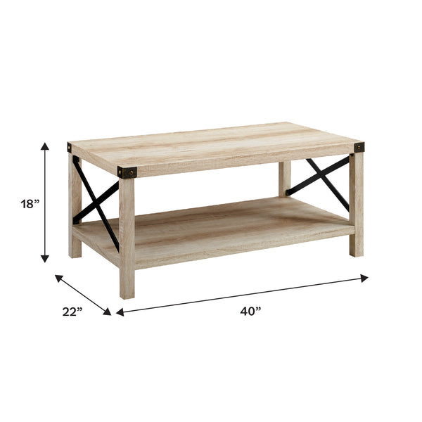 English Elm Walker Edison - Farmhouse Metal-X Coffee Table White Oak/Bronze — Rustic Industrial MDF, X-Metal Accents & Lower Shelf B185P326690