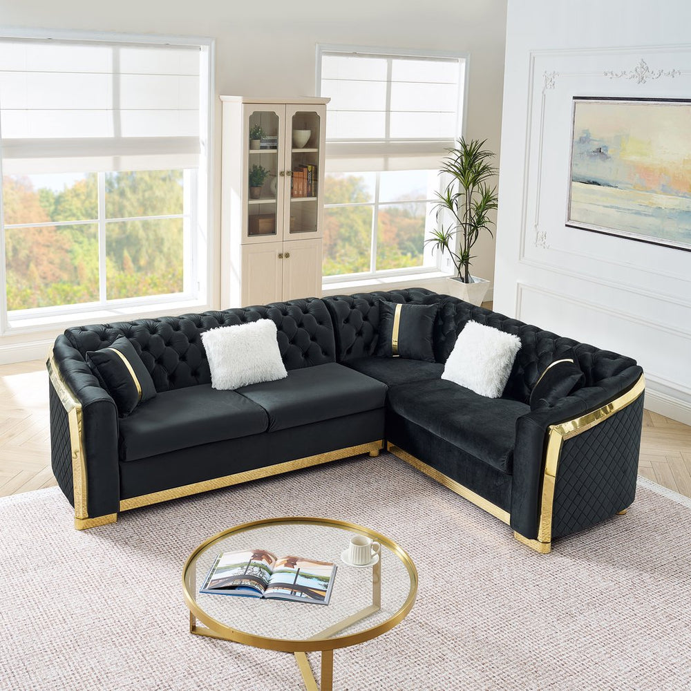 English Elm 106 Inch Velvet Tufted Chesterfield Sectional with Gold Steel Legs for Large Living Rooms Black W1191S00046