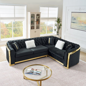 English Elm 106 Inch Velvet Tufted Chesterfield Sectional with Gold Steel Legs for Large Living Rooms Black W1191S00046