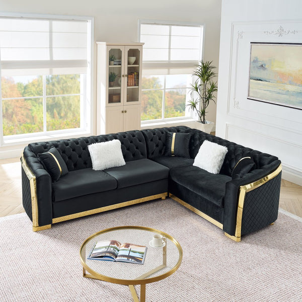 English Elm 106 Inch Velvet Tufted Chesterfield Sectional with Gold Steel Legs for Large Living Rooms Black W1191S00046