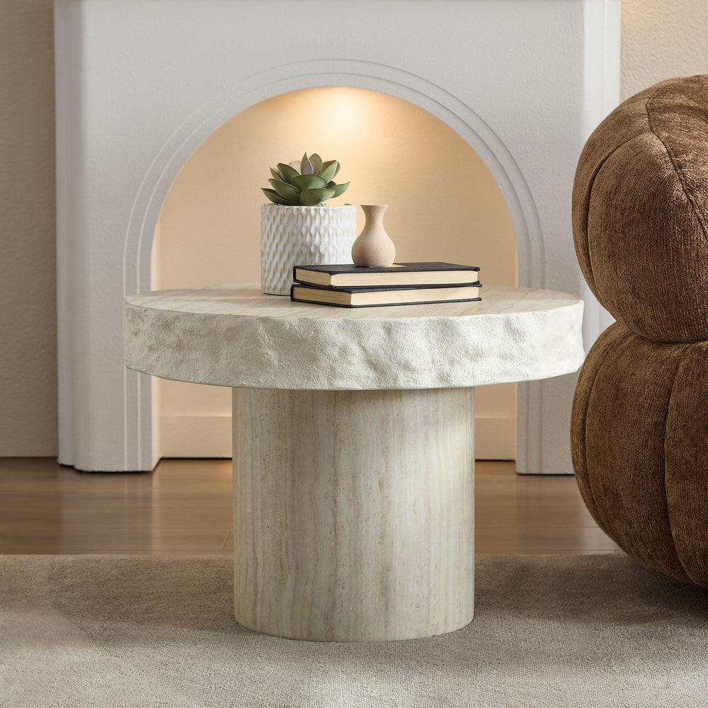 English Elm 23.82 Inch Round Fiberglass Coffee Table Sculptural Stone Texture for Modern Living Rooms W876P450500