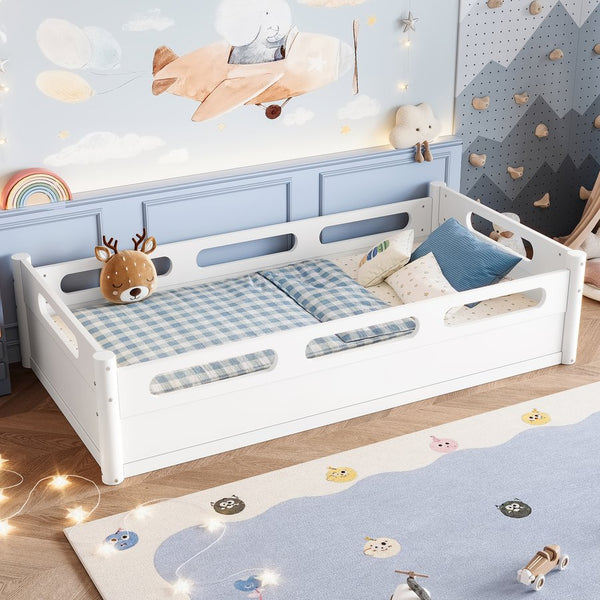 English Elm Twin Low Profile Floor Bed with Guardrails Pine Wood Frame Minimalist Bedroom White W1580P438763