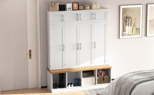 English Elm Wood Entryway Hall Tree with Bench Seating Coat Hooks Shoe Cubbies Cabinet White W5271S00004