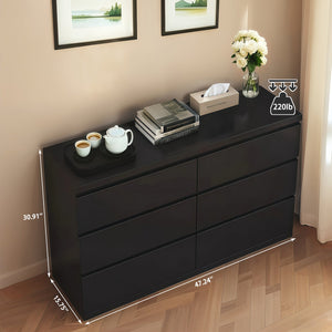 English Elm 6 Drawer Modern Dresser with Concealed Handles, Spacious Top, Durable Wood Storage Cabinet for Bedroom Black W3204P318439